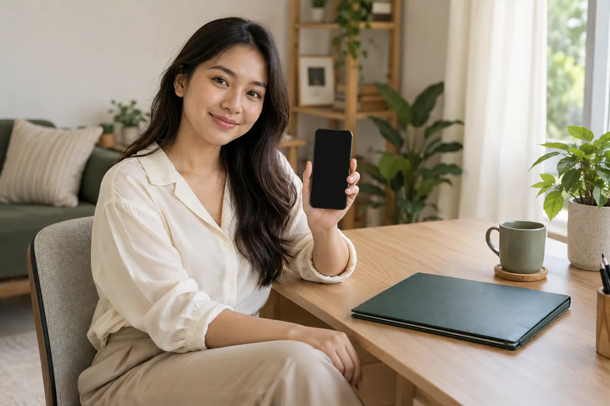 Pelanggan memegang telefon kosong bersebelahan fail